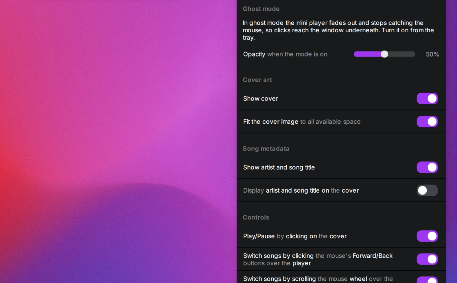 Mini player settings window